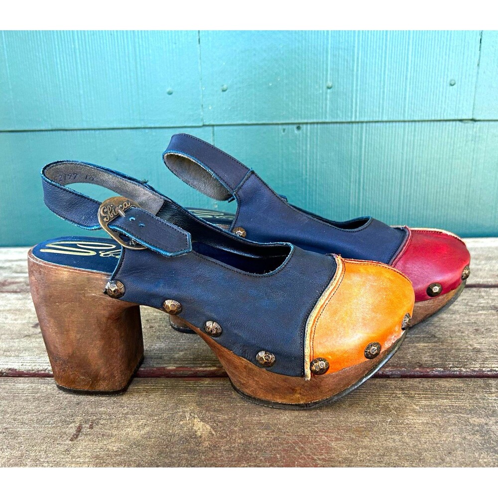 Vintage 70s Sbicca Chicca Studded Colorblock Leather Wood Platform Clogs 7